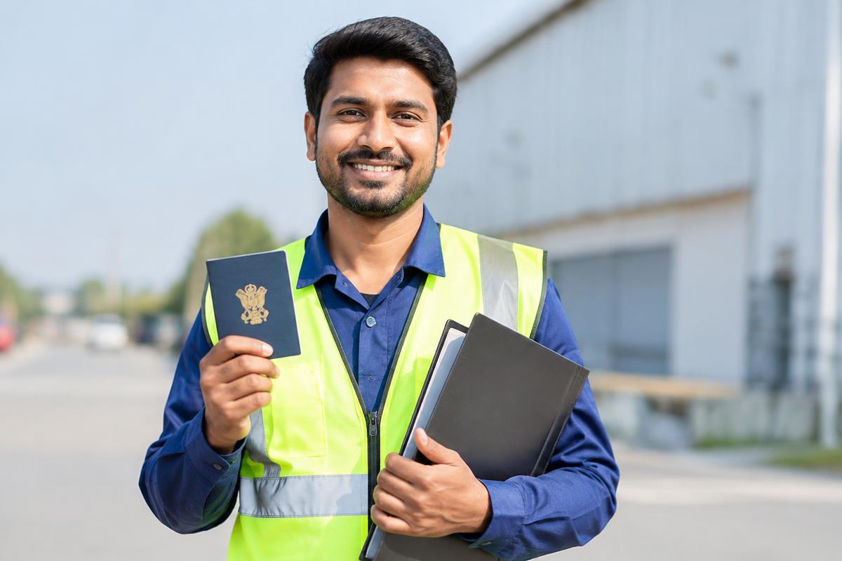 Skilled worker holding his passport and documents safely